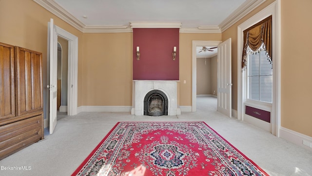 6 Eileen Dr, Rensselaer, NY 12144 - living area with crown molding, a fireplace, baseboards, and carpet floors