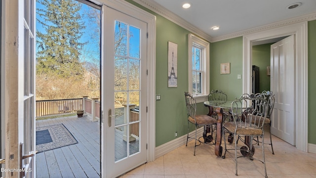 6 Eileen Dr, Rensselaer, NY 12144 - doorway featuring light tile patterned flooring, recessed lighting, crown molding, and baseboards