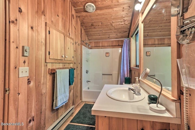 bathroom with wooden ceiling, shower / bathtub combination with curtain, vanity, wood walls, and lofted ceiling