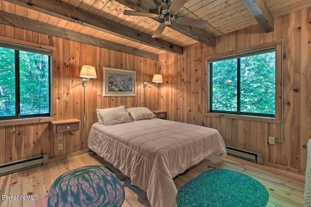 bedroom with baseboard heating, wood walls, a baseboard heating unit, beam ceiling, and hardwood / wood-style flooring