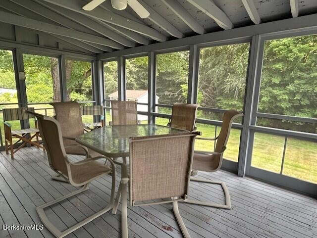 62 Maple Grove Dr, Pittsfield, MA 01201 - sunroom featuring a ceiling fan, outdoor dining space, and beamed ceiling