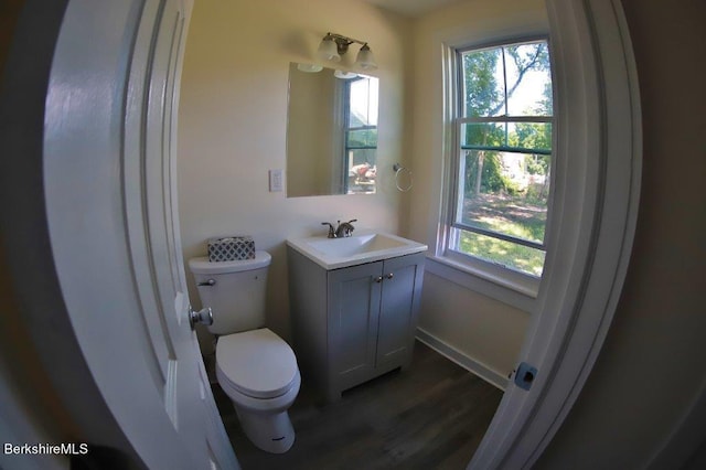 bathroom featuring hardwood / wood-style flooring, vanity, and toilet