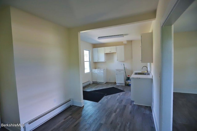 kitchen with dark hardwood / wood-style flooring, sink, white cabinets, and a baseboard radiator