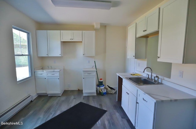 kitchen featuring white cabinets, dark hardwood / wood-style flooring, baseboard heating, and sink