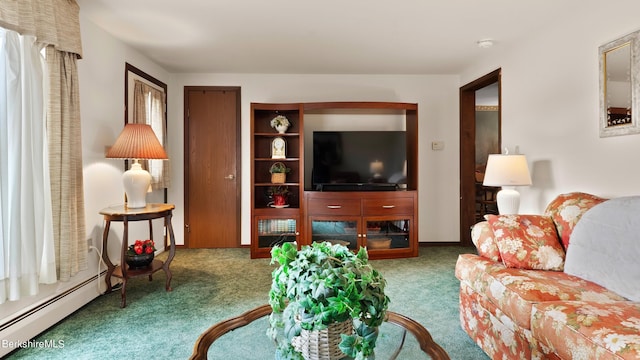 living room featuring carpet and a baseboard heating unit