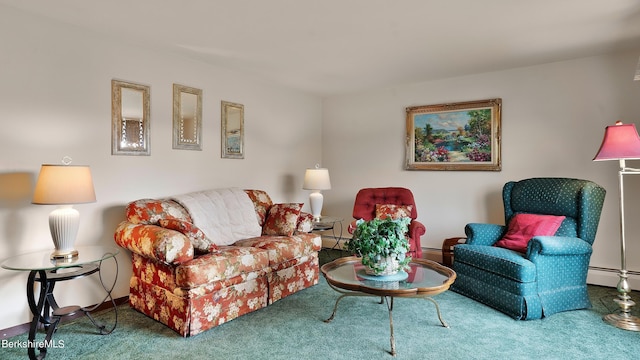 living room featuring baseboard heating and carpet