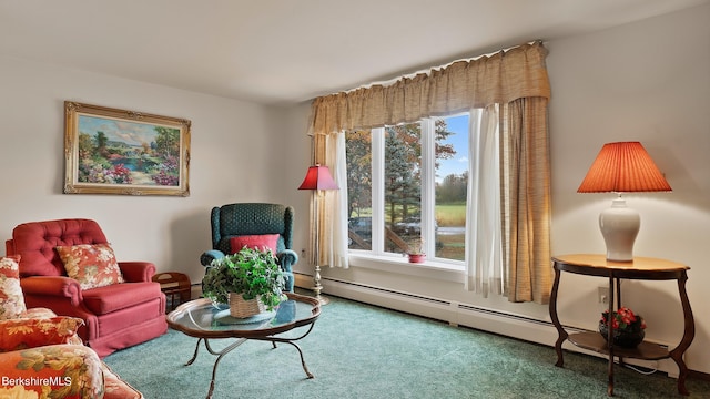 sitting room with carpet and baseboard heating