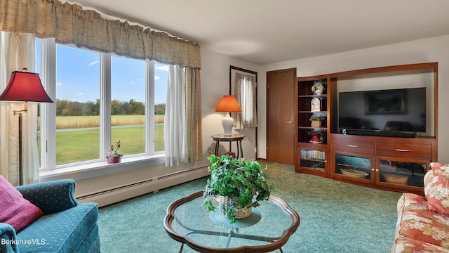 carpeted living room featuring baseboard heating