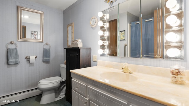 bathroom featuring vanity, a shower with curtain, a baseboard radiator, and toilet