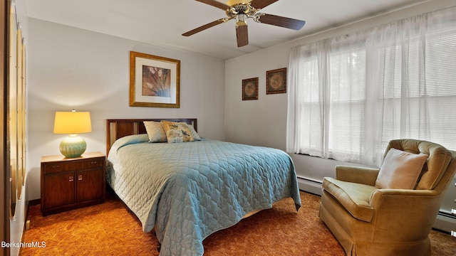 bedroom featuring multiple windows, carpet floors, ceiling fan, and baseboard heating