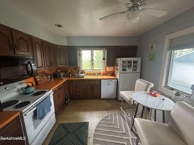 79 Chestnut St, North Adams, MA 01247 - kitchen with a sink, ceiling fan, white appliances, and light countertops