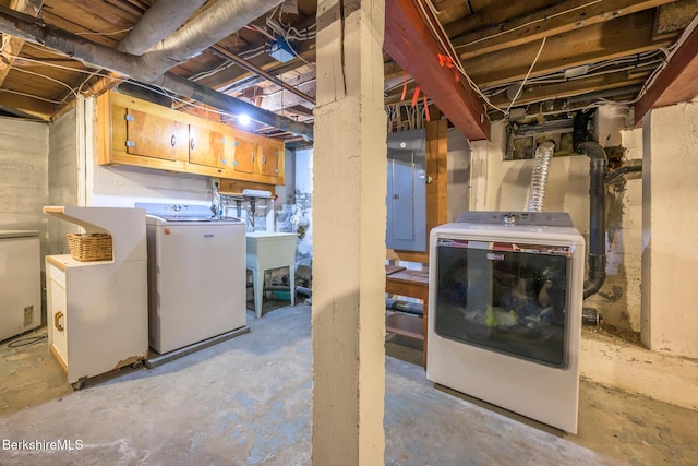 955 Barker Rd, Pittsfield, MA 01201 - unfinished basement featuring washing machine and dryer, electric panel, and a sink