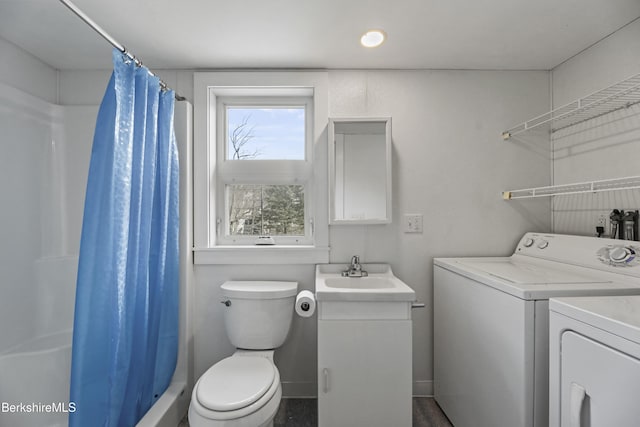 20 Summer St, Lee, MA 01238 - bathroom with toilet, baseboards, a shower with shower curtain, vanity, and washer and dryer