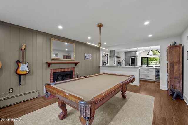 4 Woodlawn Dr, Williamstown, MA 01267 - rec room featuring wine cooler, pool table, baseboard heating, wood finished floors, and a fireplace