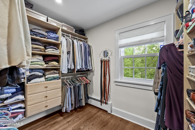 4 Woodlawn Dr, Williamstown, MA 01267 - walk in closet featuring a baseboard heating unit and dark wood-style floors