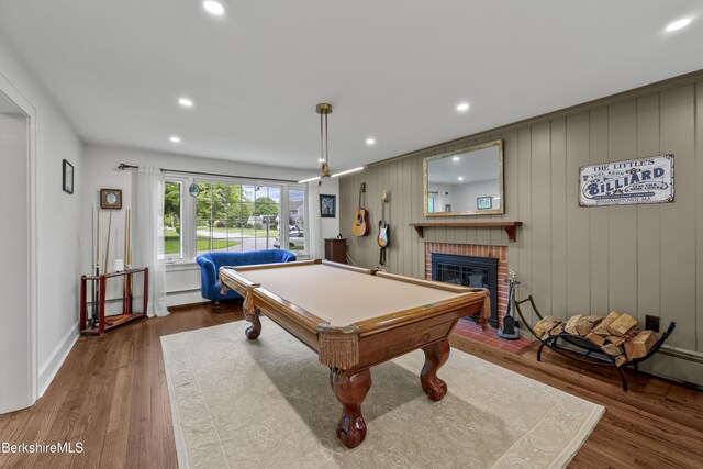 4 Woodlawn Dr, Williamstown, MA 01267 - game room with billiards table, a brick fireplace, wood finished floors, and recessed lighting
