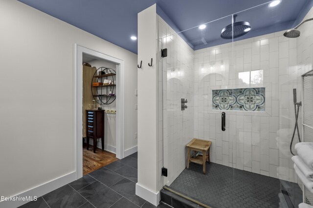4 Woodlawn Dr, Williamstown, MA 01267 - full bathroom featuring a shower stall, recessed lighting, tile patterned floors, and baseboards