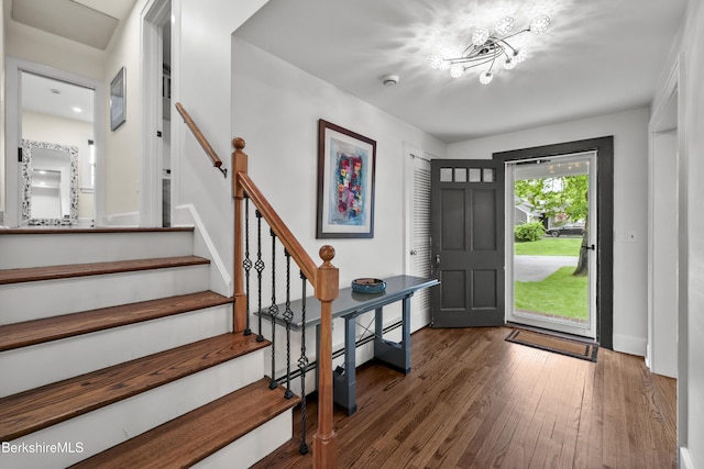 4 Woodlawn Dr, Williamstown, MA 01267 - entryway featuring wood finished floors, stairway, a chandelier, and baseboards