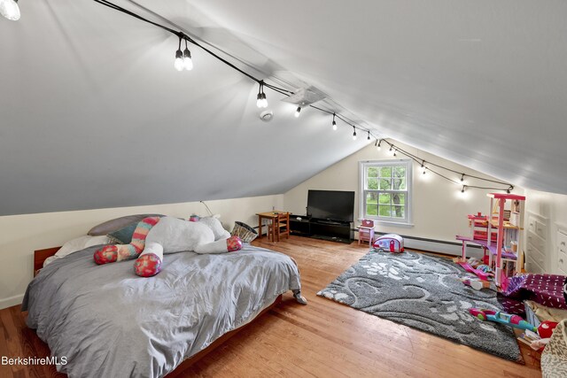 4 Woodlawn Dr, Williamstown, MA 01267 - bedroom featuring a baseboard radiator, vaulted ceiling, wood finished floors, a baseboard heating unit, and track lighting