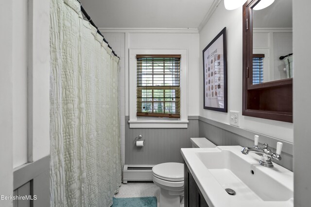 4 Woodlawn Dr, Williamstown, MA 01267 - full bath with a baseboard heating unit, ornamental molding, wainscoting, toilet, and vanity