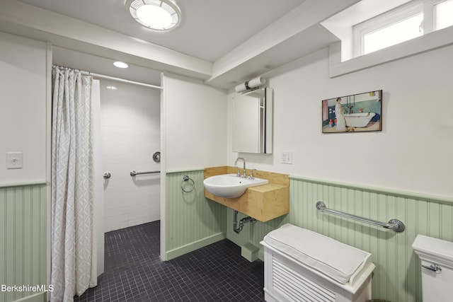 4 Woodlawn Dr, Williamstown, MA 01267 - full bathroom featuring wainscoting, tile patterned floors, a shower with shower curtain, a sink, and recessed lighting