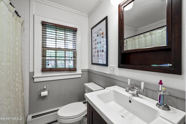 4 Woodlawn Dr, Williamstown, MA 01267 - full bathroom featuring a baseboard heating unit, crown molding, a wainscoted wall, toilet, and vanity