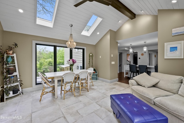 4 Woodlawn Dr, Williamstown, MA 01267 - living room featuring a skylight, recessed lighting, baseboards, high vaulted ceiling, and beam ceiling