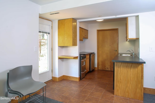 kitchen with dark countertops, appliances with stainless steel finishes, a sink, baseboards, and visible vents