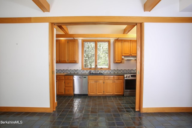 kitchen featuring dark countertops, a sink, stainless steel appliances, baseboards, and under cabinet range hood
