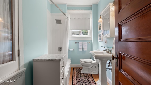 2 Melrose St, Adams, MA 01220 - full bath with curtained shower, crown molding, and wood finished floors