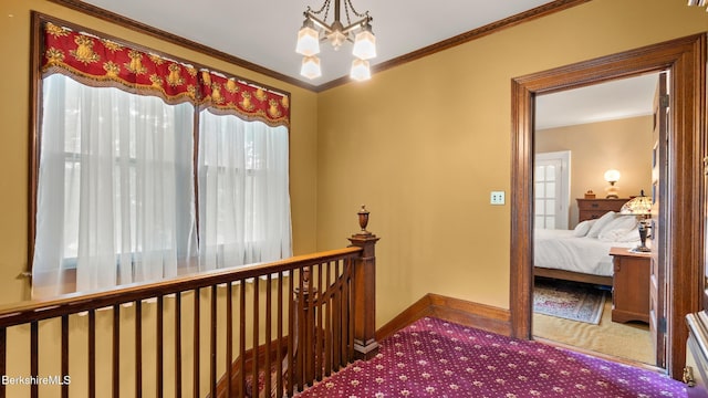 2 Melrose St, Adams, MA 01220 - corridor featuring a chandelier, carpet, an upstairs landing, and ornamental molding
