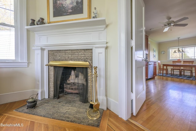 room details featuring dishwasher, baseboards, ceiling fan, wood finished floors, and a fireplace