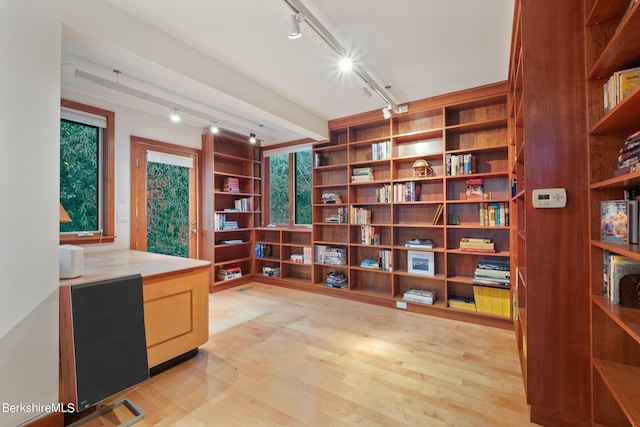 office with light wood-type flooring and rail lighting