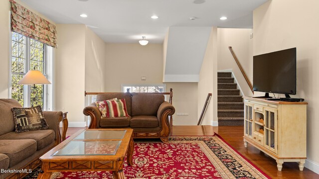 14 Alpine Trl # 14, Pittsfield, MA 01201 - living area with stairs, wood finished floors, baseboards, and recessed lighting
