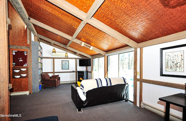 carpeted living room with vaulted ceiling with beams, baseboard heating, and a lit fireplace