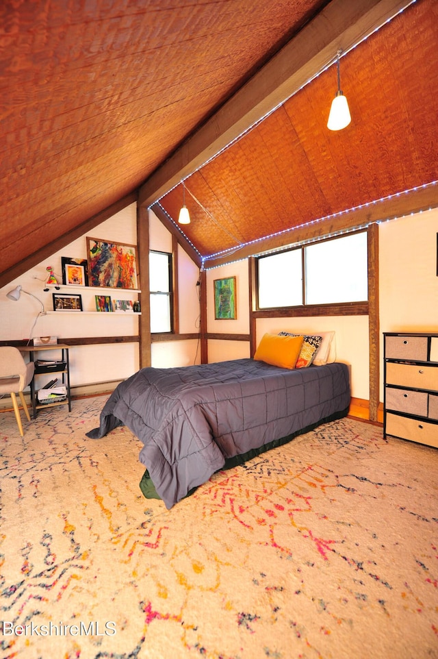 bedroom featuring wooden ceiling, lofted ceiling with beams, and carpet floors