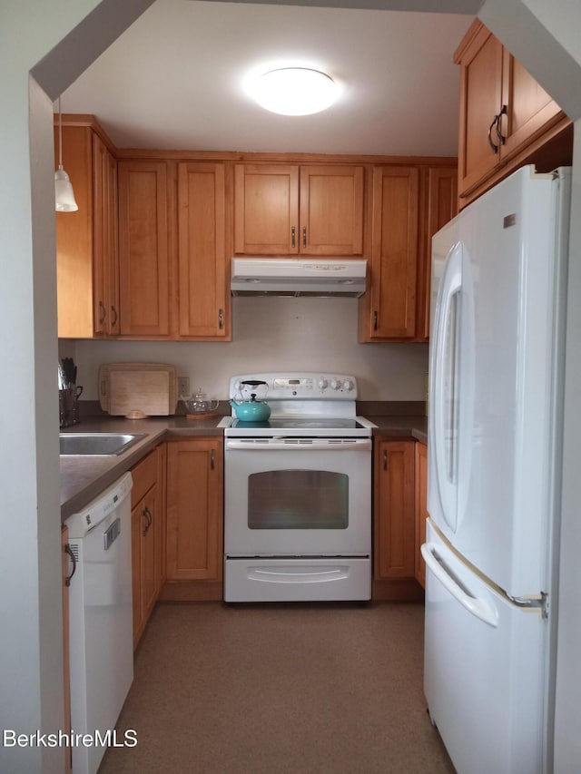 17 Crane Ave, Pittsfield, MA 01201 - kitchen featuring white appliances, under cabinet range hood, dark countertops, and brown cabinets