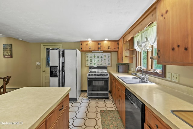 1310 Lenox Rd, Richmond, MA 01254 - kitchen featuring black dishwasher, electric range oven, refrigerator with ice dispenser, light countertops, and brown cabinets