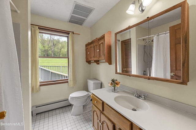 64 Blotz Rd, Washington, MA 01223 - bathroom with baseboard heating, toilet, vanity, tile patterned flooring, and a shower with curtain