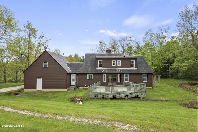64 Blotz Rd, Washington, MA 01223 - rear view of house with a lawn, a chimney, a wooden deck, and a shingled roof