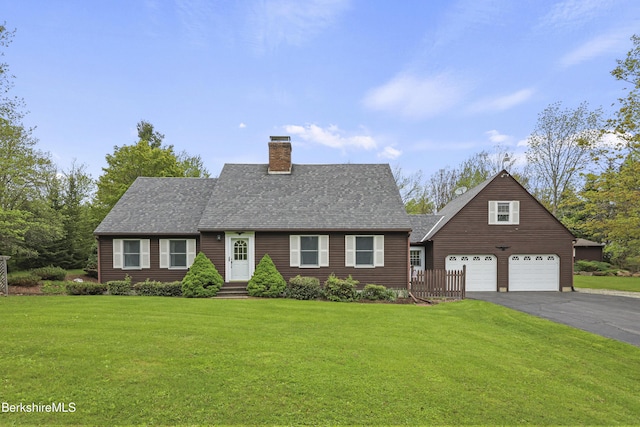 64 Blotz Rd, Washington, MA 01223 - cape cod home featuring driveway, a chimney, a front lawn, a garage, and a shingled roof