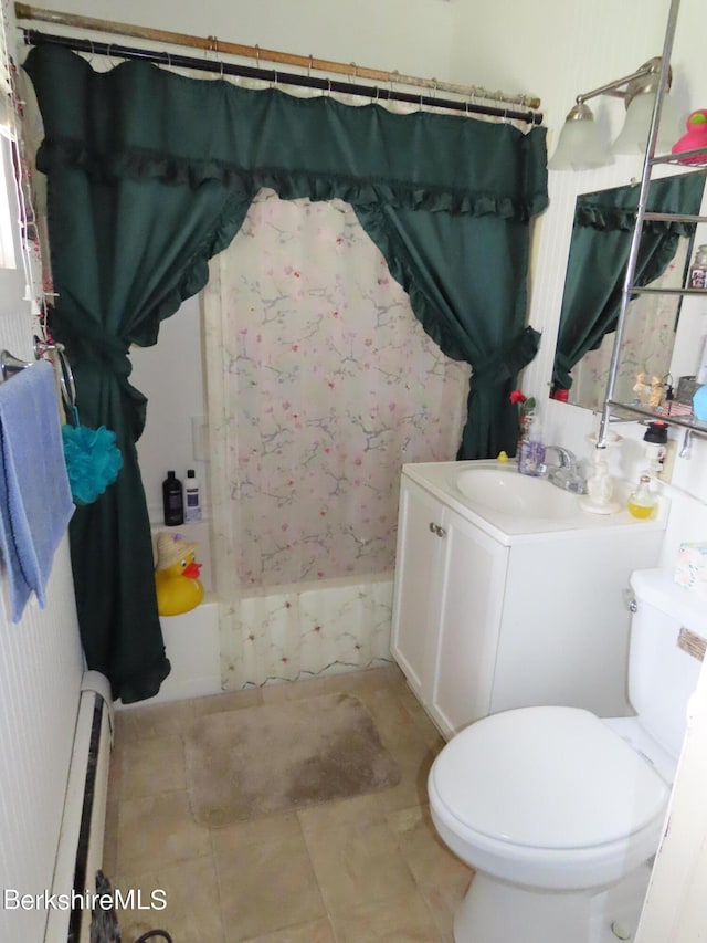 full bathroom with toilet, vanity, shower / tub combo, and a baseboard heating unit