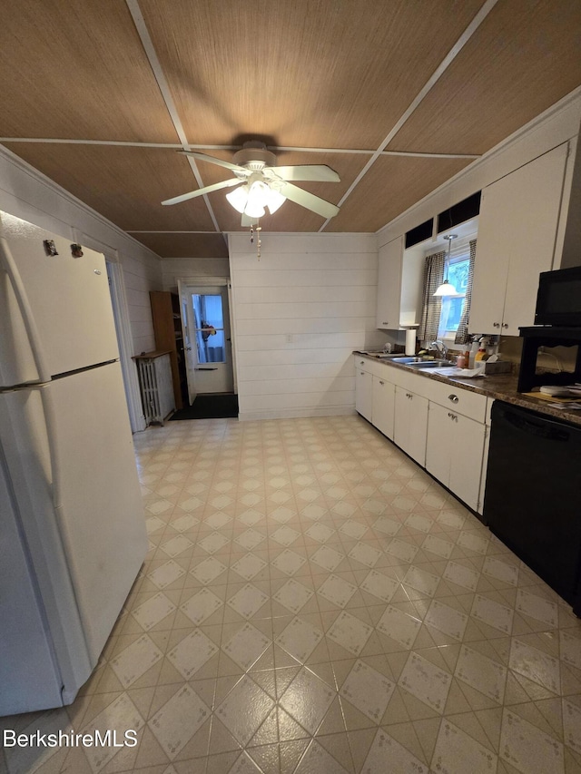 kitchen with wood ceiling, ceiling fan, dishwasher, white cabinets, and white fridge