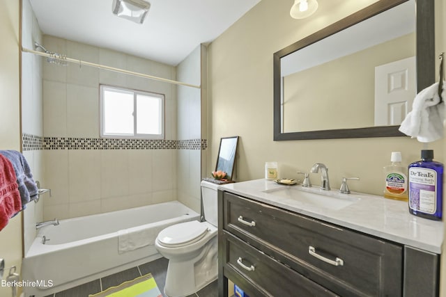 full bathroom with visible vents, shower / bathing tub combination, vanity, and toilet