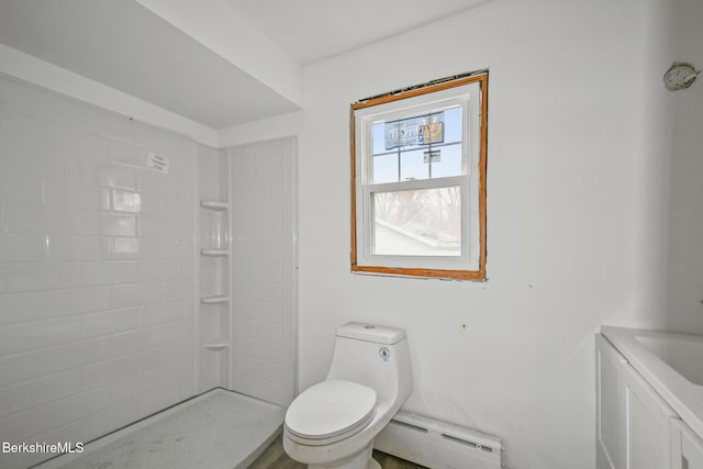 111 Columbia St, Adams, MA 01220 - bathroom featuring a tile shower, toilet, a baseboard heating unit, and vanity