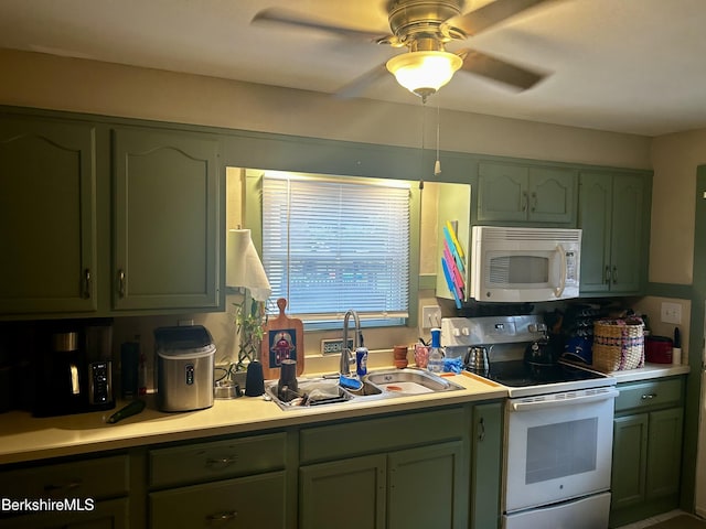 89-91 N Summer St, Adams, MA 01220 - kitchen featuring white appliances, green cabinetry, light countertops, and ceiling fan