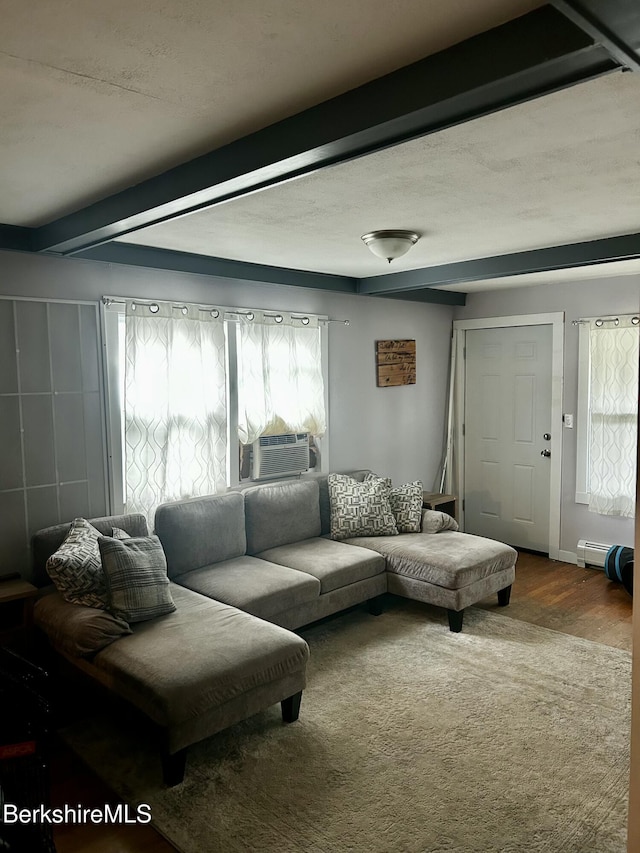 89-91 N Summer St, Adams, MA 01220 - living area with beamed ceiling, plenty of natural light, a baseboard radiator, wood finished floors, and cooling unit
