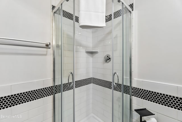 bathroom featuring a shower with shower door