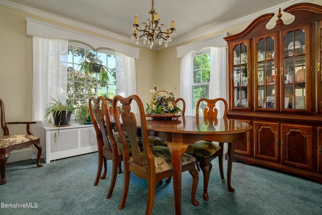 40 Crandall St, Adams, MA 01220 - dining room with carpet, a chandelier, ornamental molding, and radiator heating unit