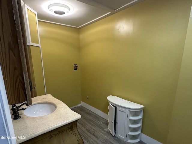 bathroom with wood-type flooring and vanity